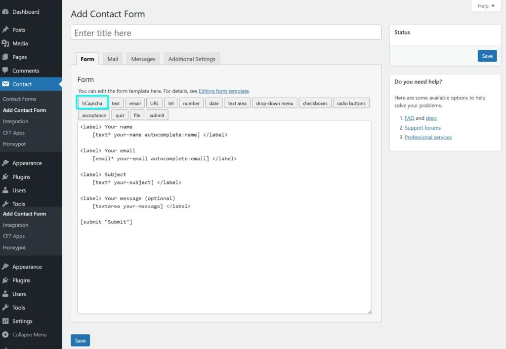 WordPress admin screen for creating a new contact form; hCaptcha option highlighted beside form fields and code editor.