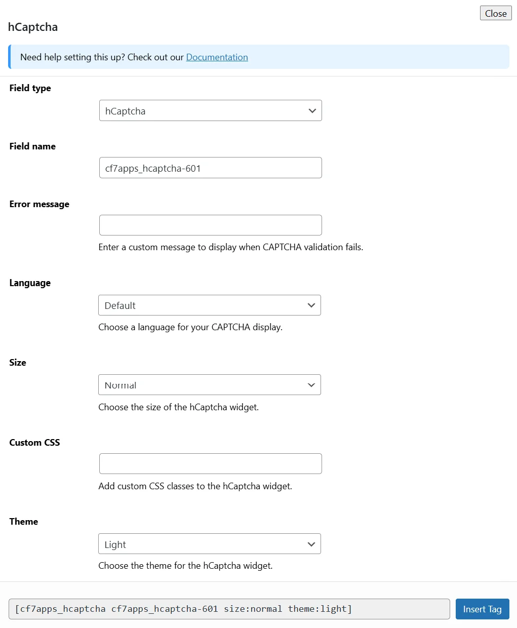 hCaptcha settings panel with Field type, Field name cf7apps_hcaptcha-601, and a shortcode preview at the bottom ( Insert Tag ).