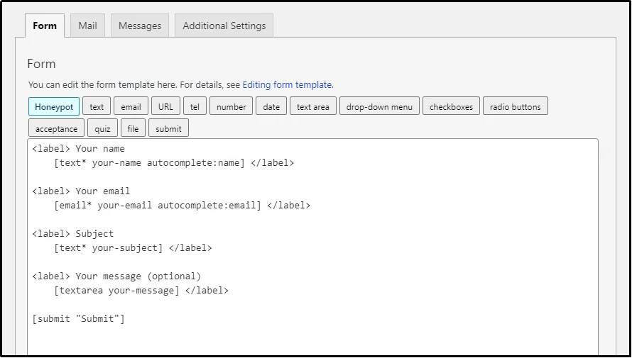 Contact Form 7 plugin back-end interface
