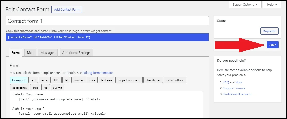 Saving the Contact Form 7 form using the save button