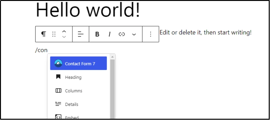 Contact Form 7 Gutenberg block in WordPress editor