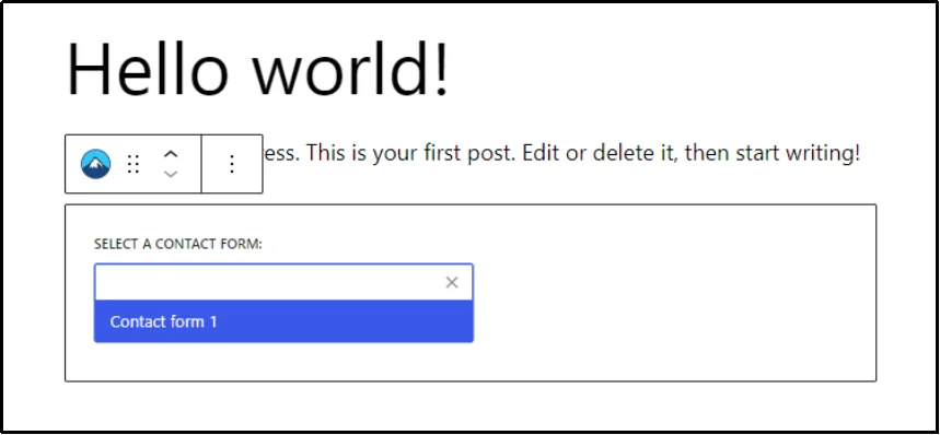 Selecting the Contact Form 7 block in Gutenberg editor