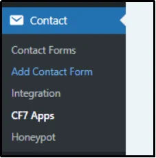 Contact tab named CF7 Apps in WordPress dashboard