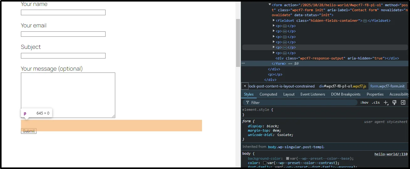 Front-end view of Contact Form 7 on WordPress site