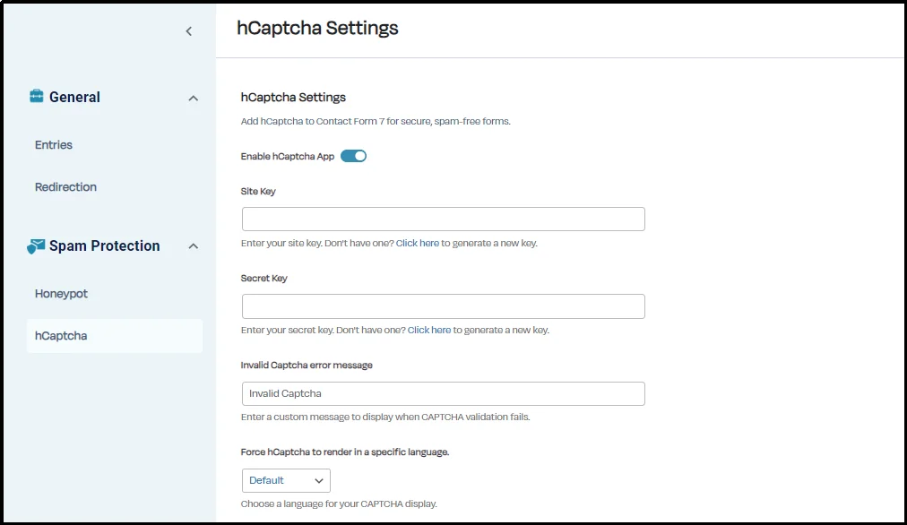 HCaptcha settings in CF7 Apps plugin