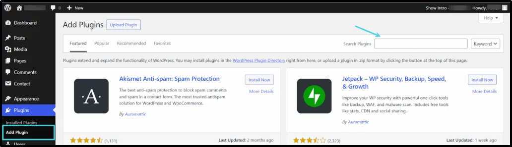 Add New Plugin option in the WordPress dashboard
