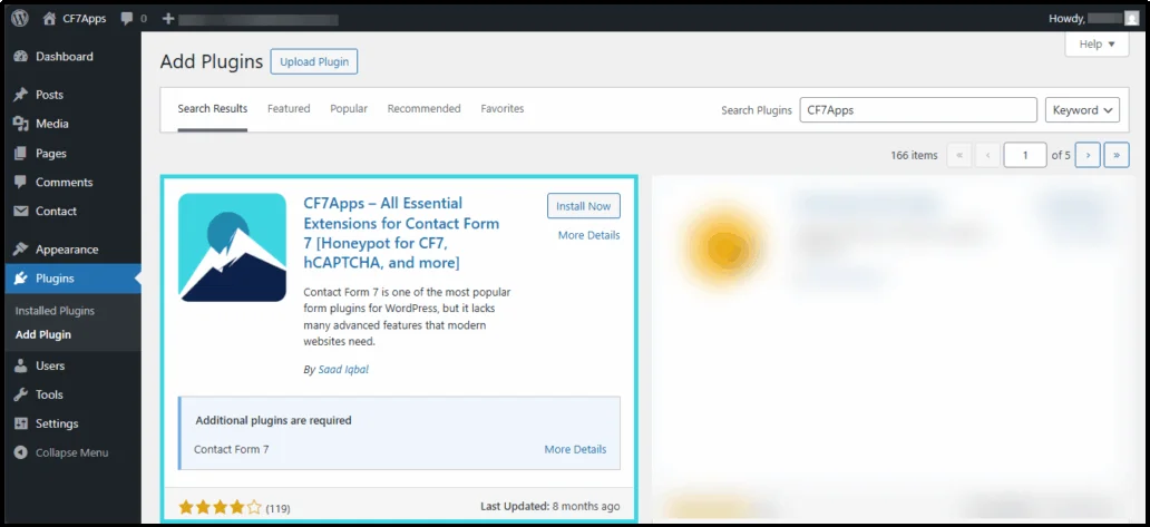 Searching for CF7 Apps plugin in the WordPress plugin search