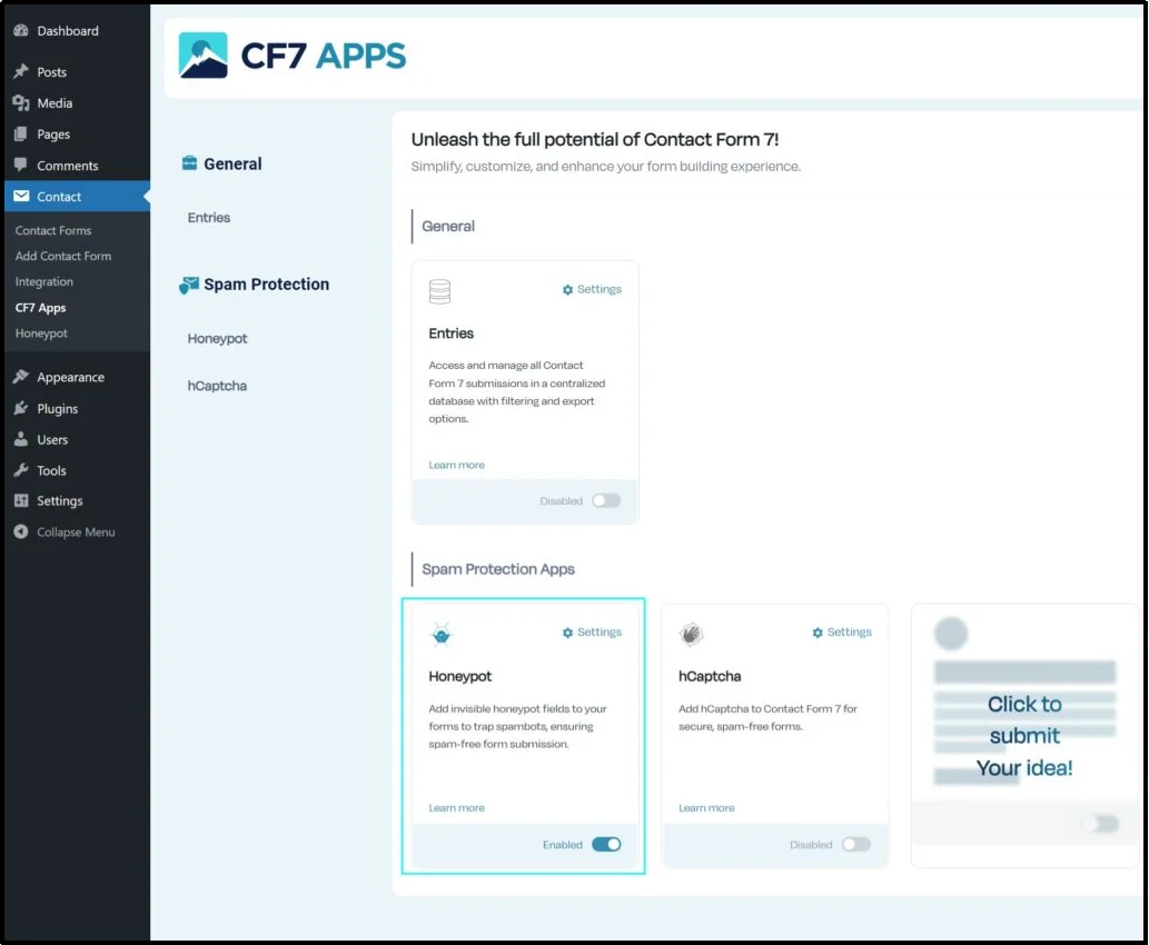 Toggling the CF7 Apps plugin switch to enable it
