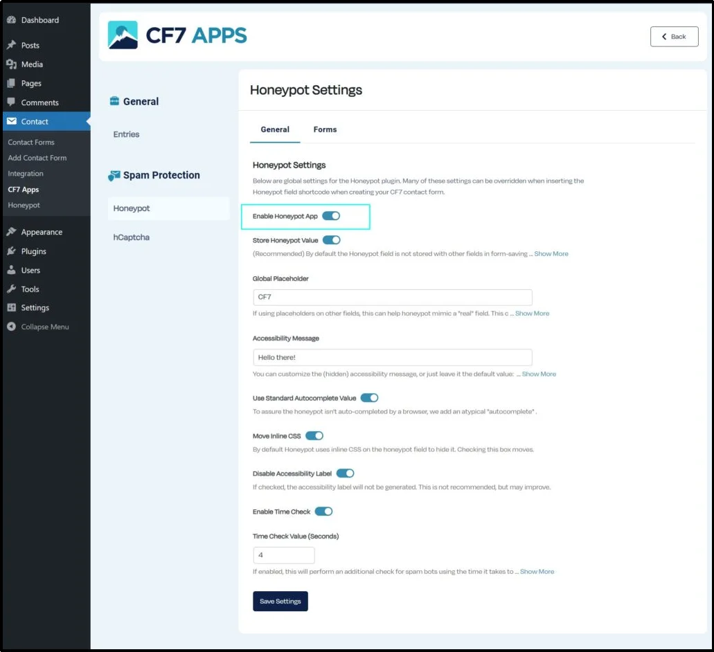 Clicking the Settings button for the CF7 Apps plugin
