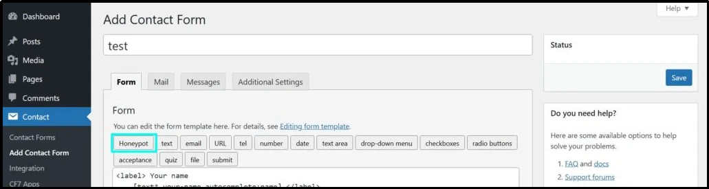 Selecting the Honeypot option in CF7 Apps settings