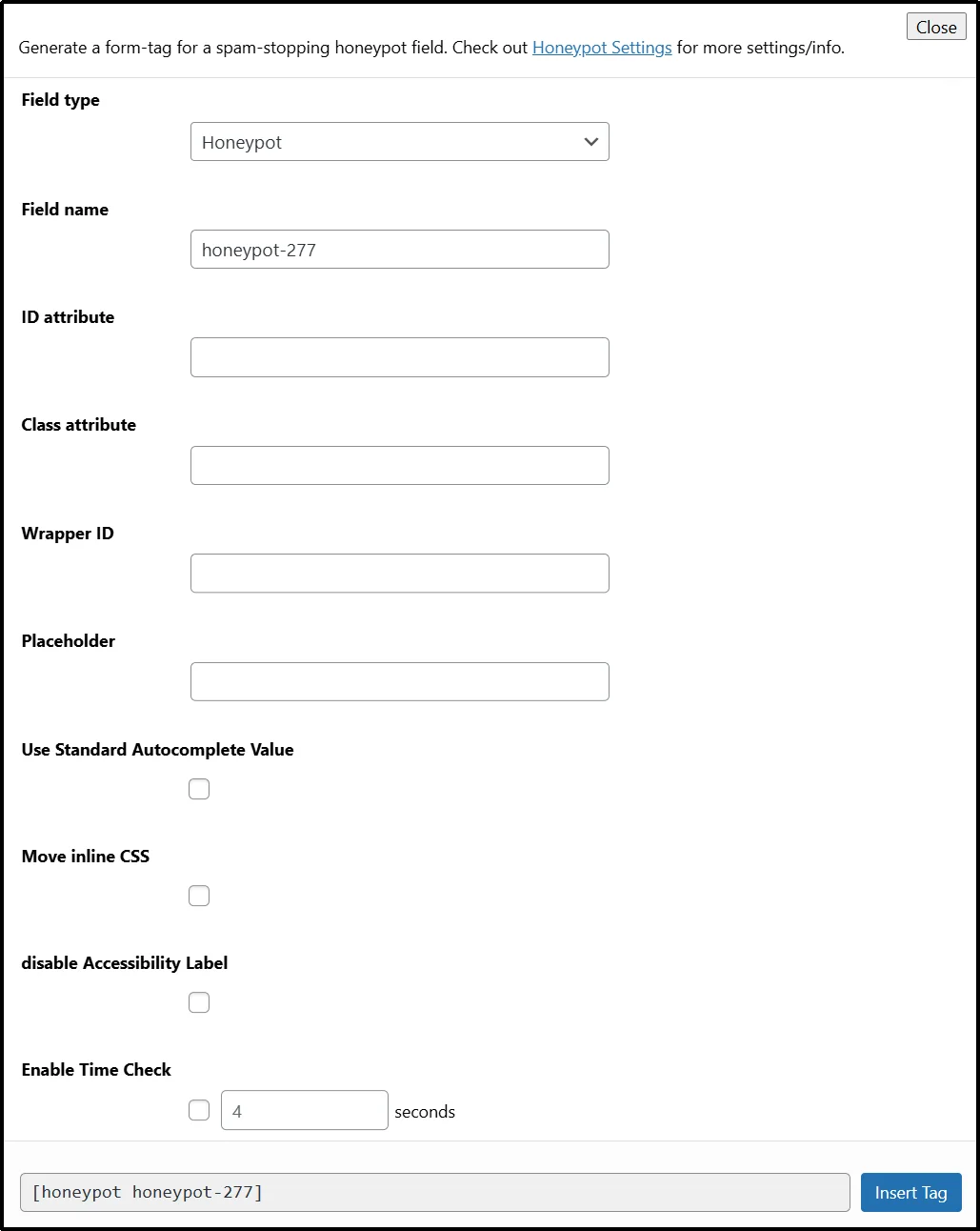 Clicking the Insert Tag button in Contact Form 7