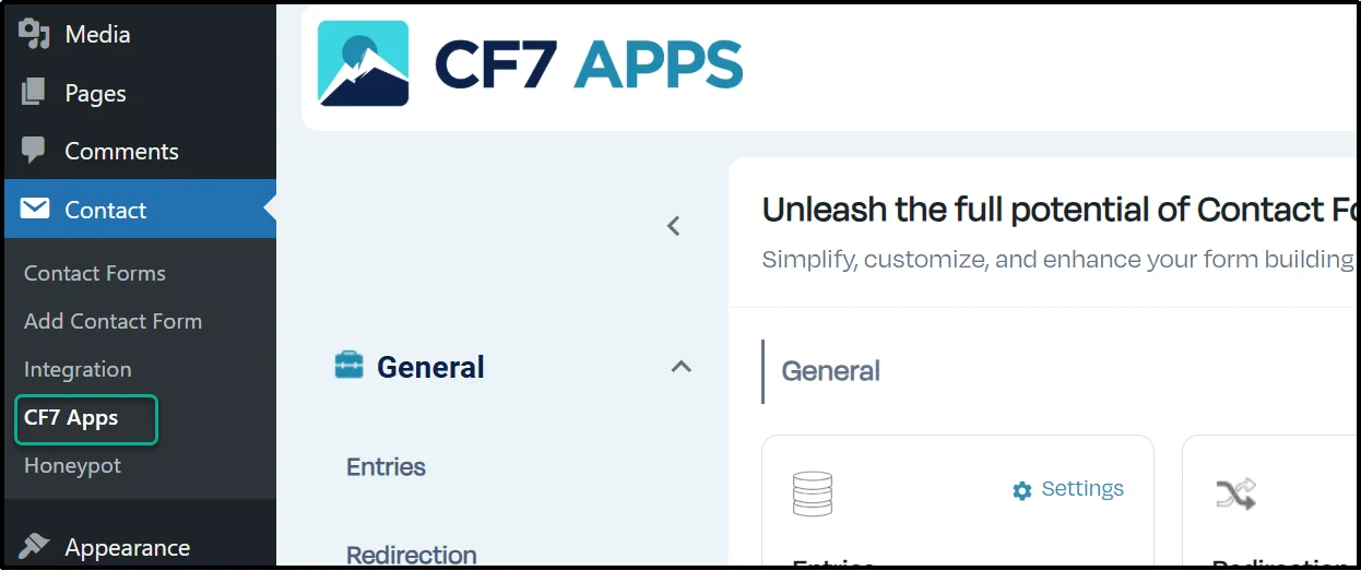 New CF7 Apps option in WordPress dashboard menu