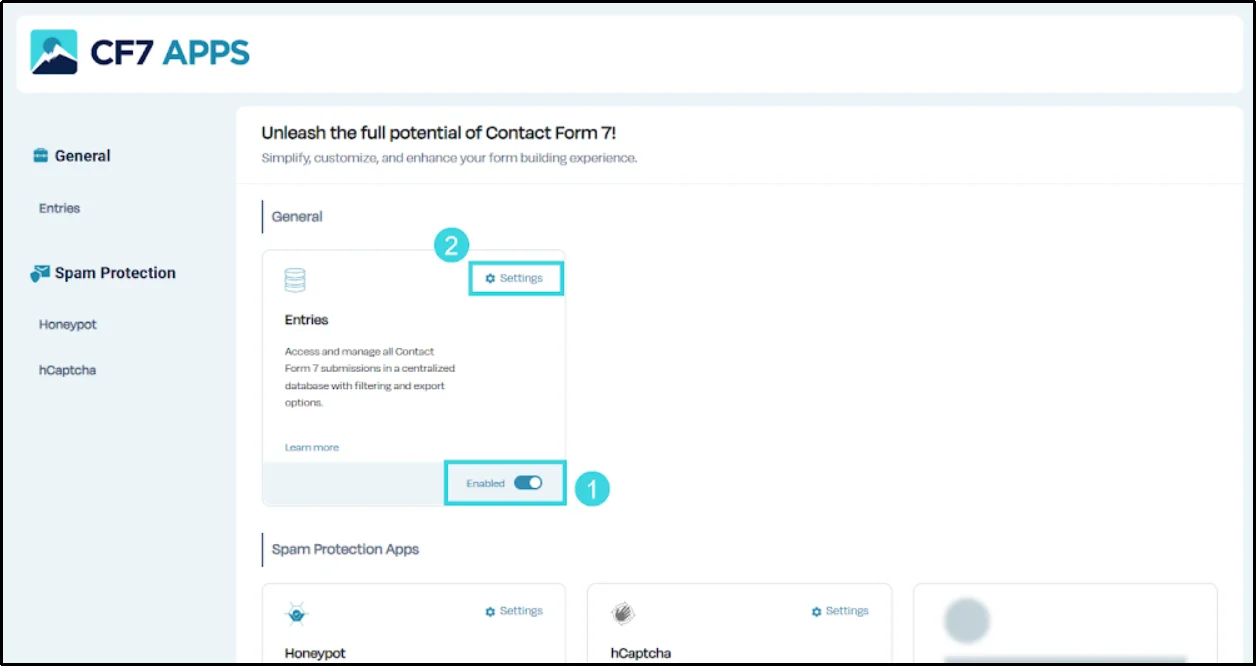Click the toggle switch to activate Contact Form 7 entries feature