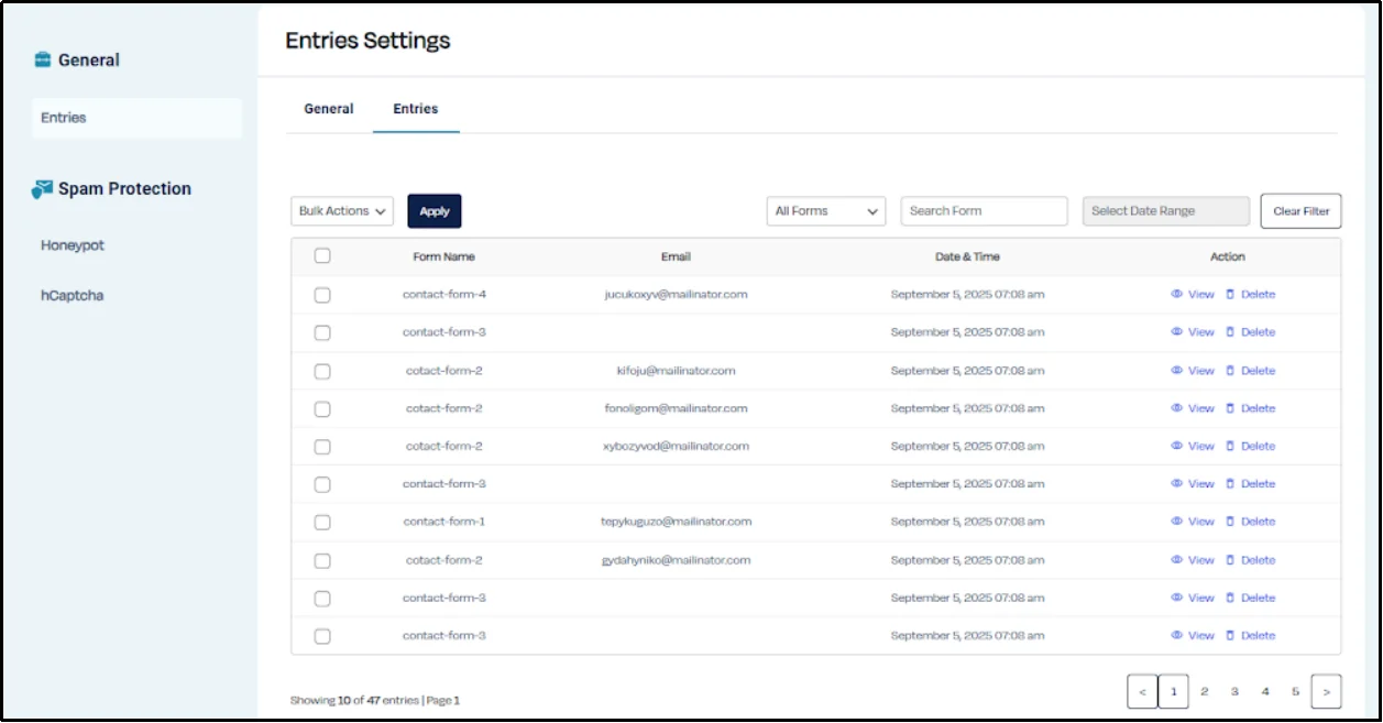 List of all saved Contact Form 7 form submissions