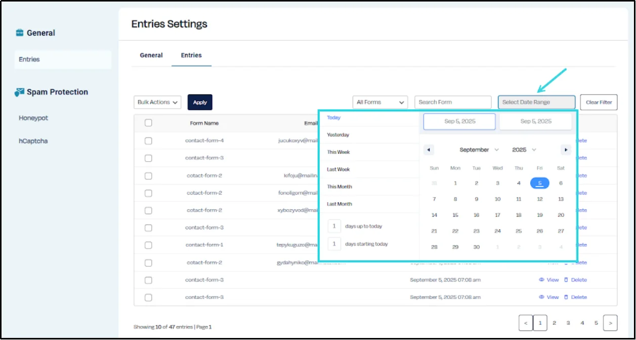 Use dropdown filters to sort and filter form entries in CF7