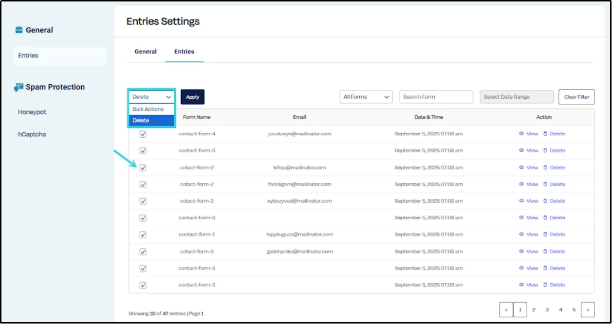 Delete individual form entries in Contact Form 7