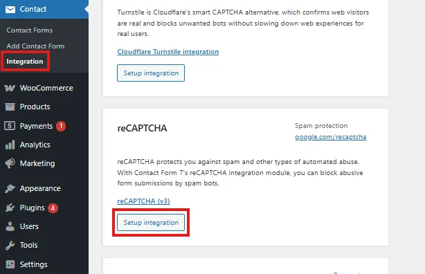 Click “Setup Integration” to configure reCAPTCHA