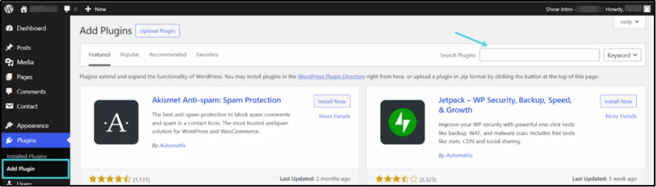 WordPress dashboard showing Add Plugin option in left sidebar