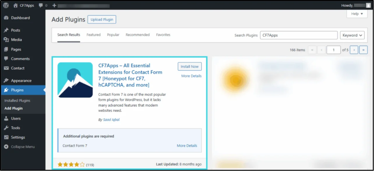 Searching for CF7 Apps plugin in WordPress plugin search bar