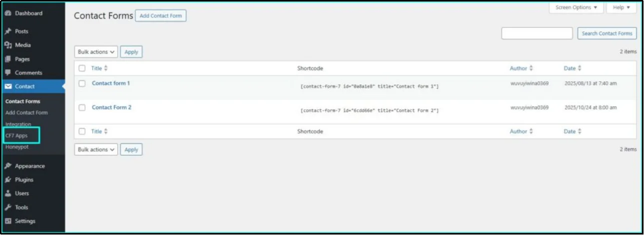 CF7 Apps submenu appearing in WordPress admin menu