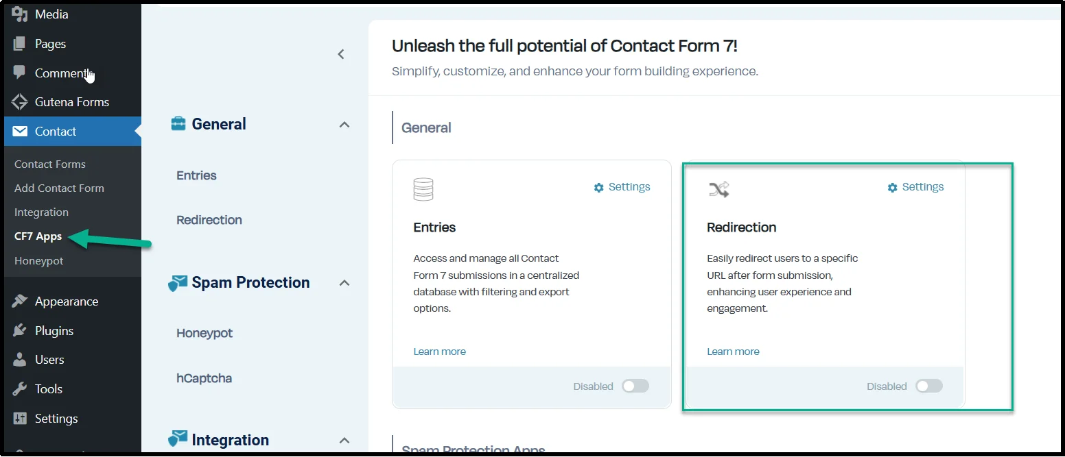 Finding Redirection app inside CF7 Apps settings