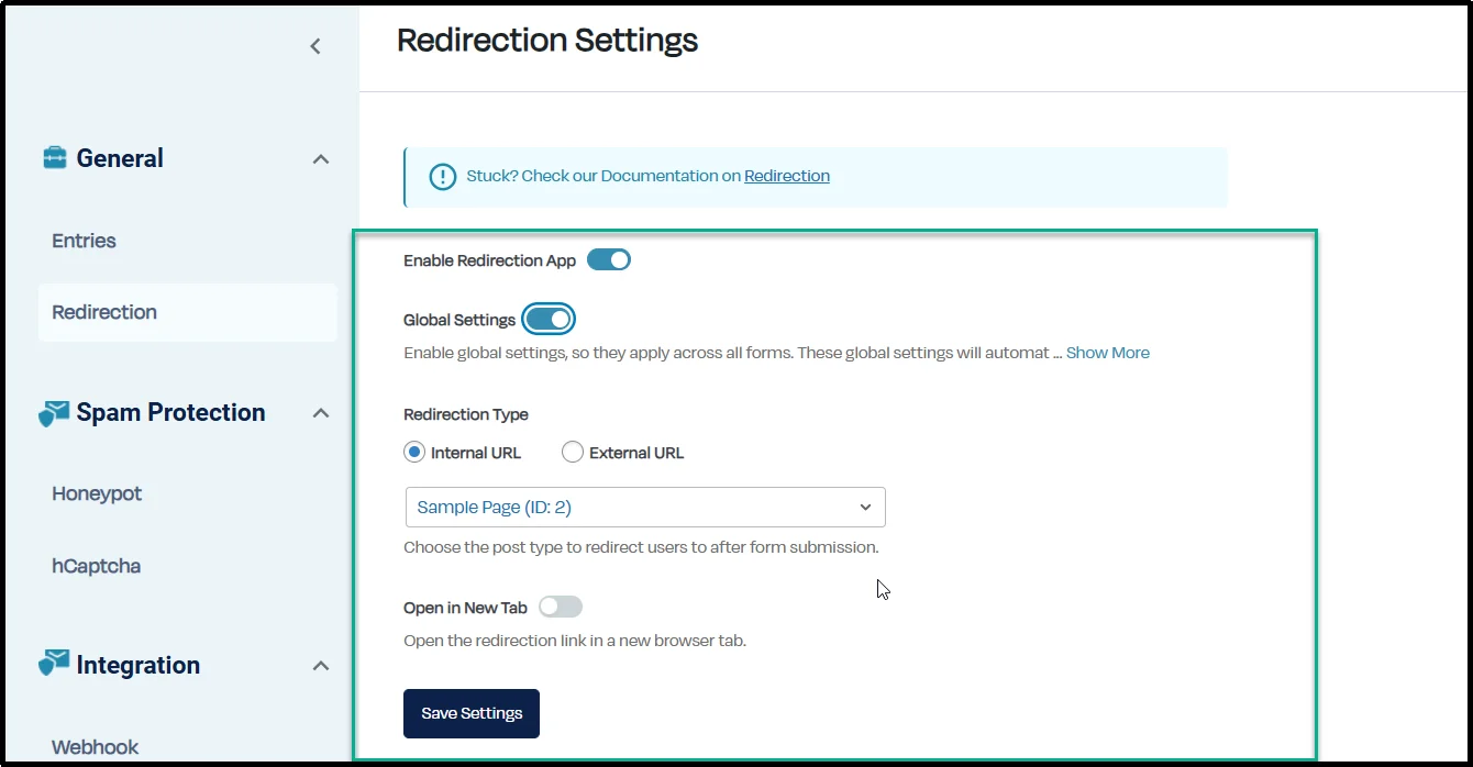 Saving redirection settings in CF7 Apps plugin