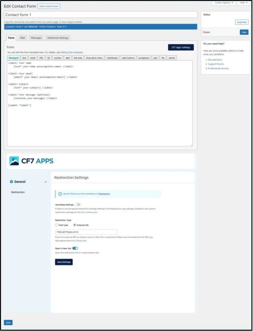 Saving Contact Form 7 redirection configuration
