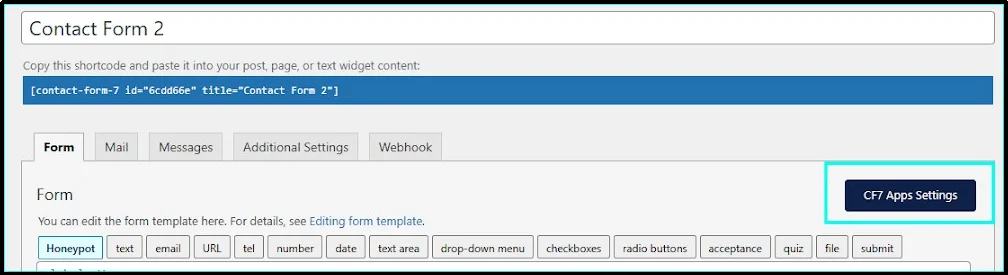 CF7 Apps settings button inside Contact Form 7 editor