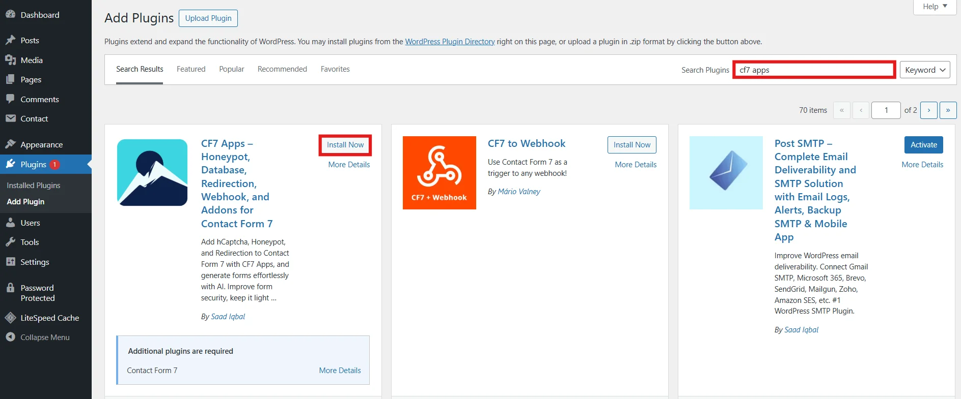 Search for CF7 Apps plugin in the WordPress plugin search bar
