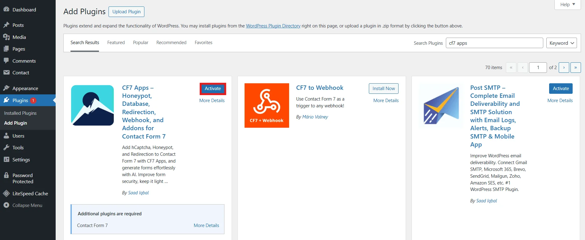 Click the Install Now button for the CF7 Apps plugin