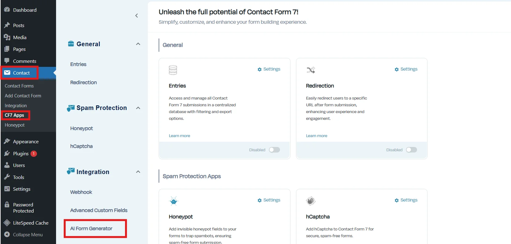 Open the CF7 Apps plugin settings in WordPress