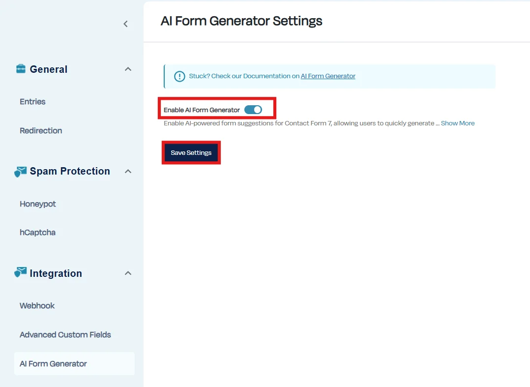 Enable the AI form generator feature in CF7 Apps