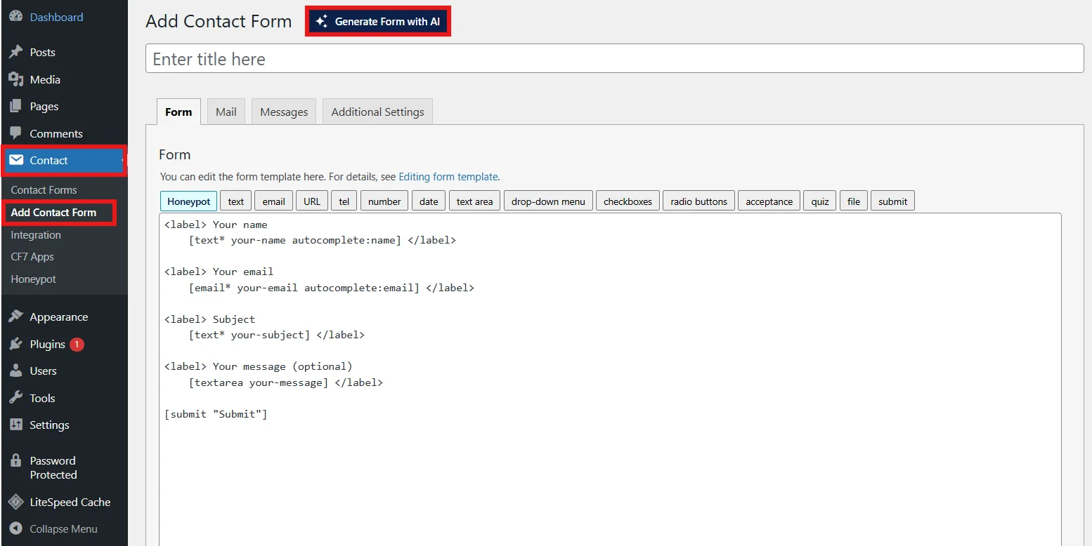 Generate a Contact Form 7 form using AI in CF7 Apps