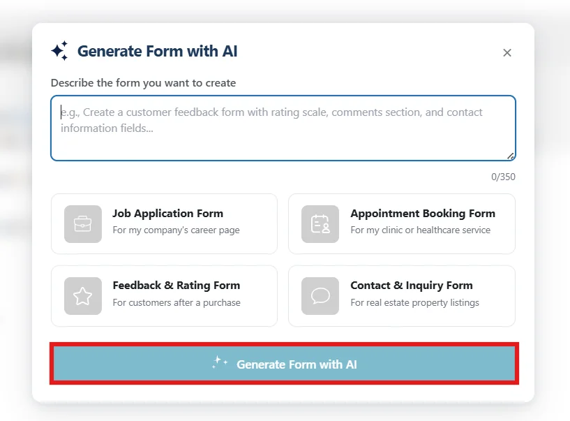 Select a preset description button for AI form generation