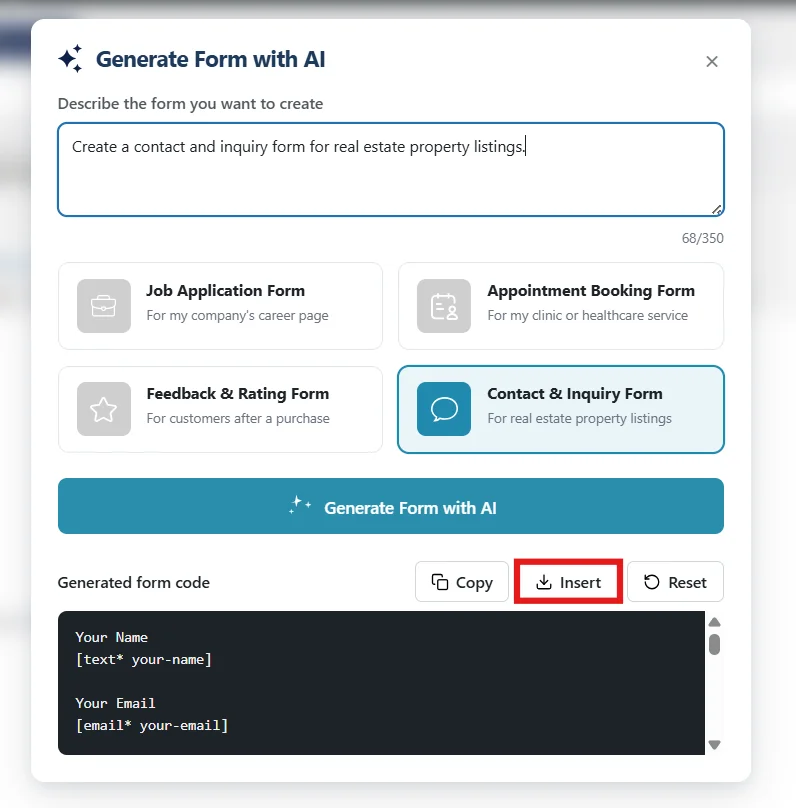AI-generated Contact Form 7 code displayed on the screen