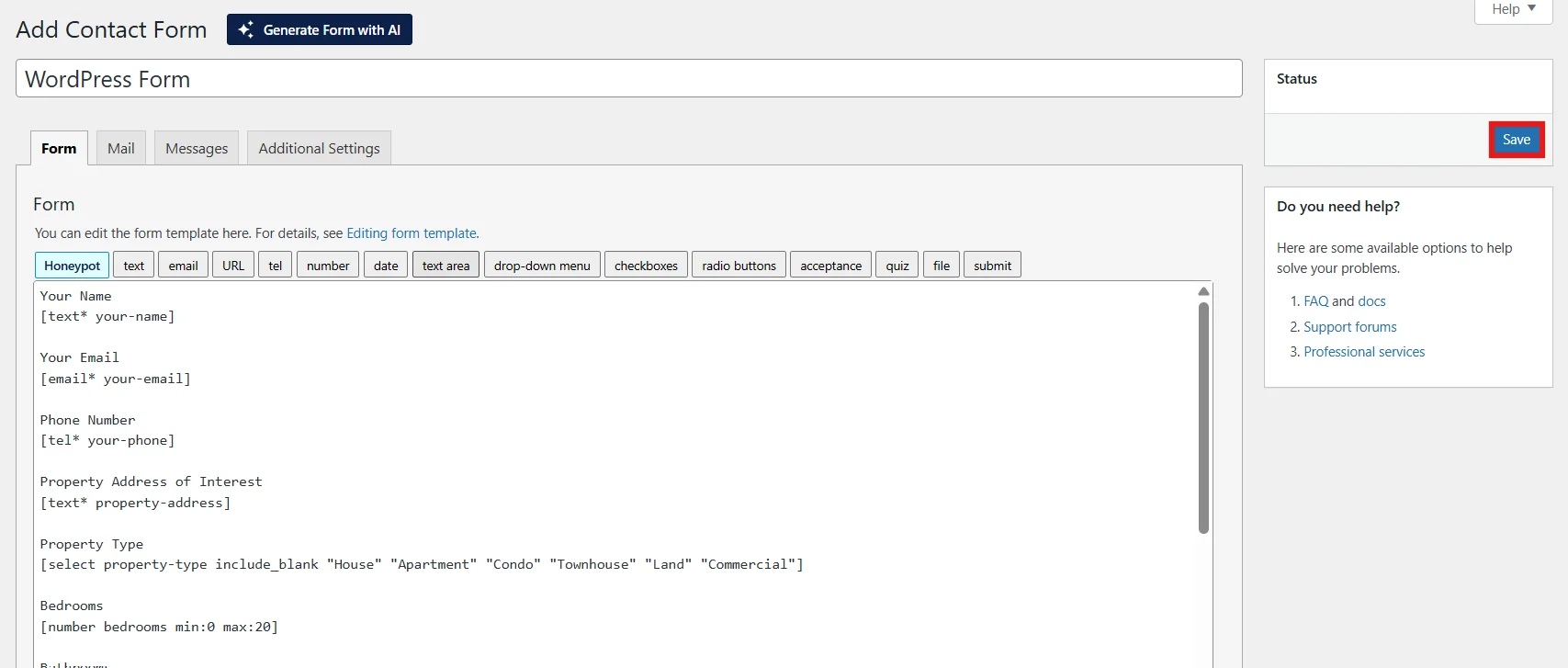 Paste AI-generated code into the Contact Form 7 editor