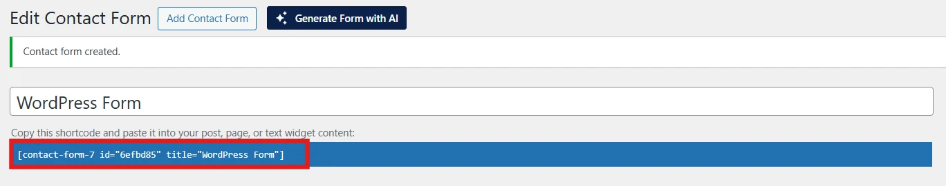 AI Form Generator interface in the CF7 Apps plugin