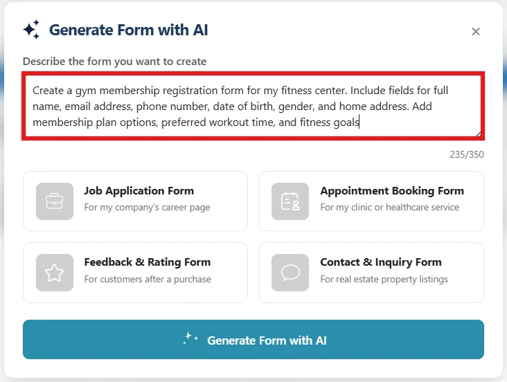 AI-generated custom gym membership form example