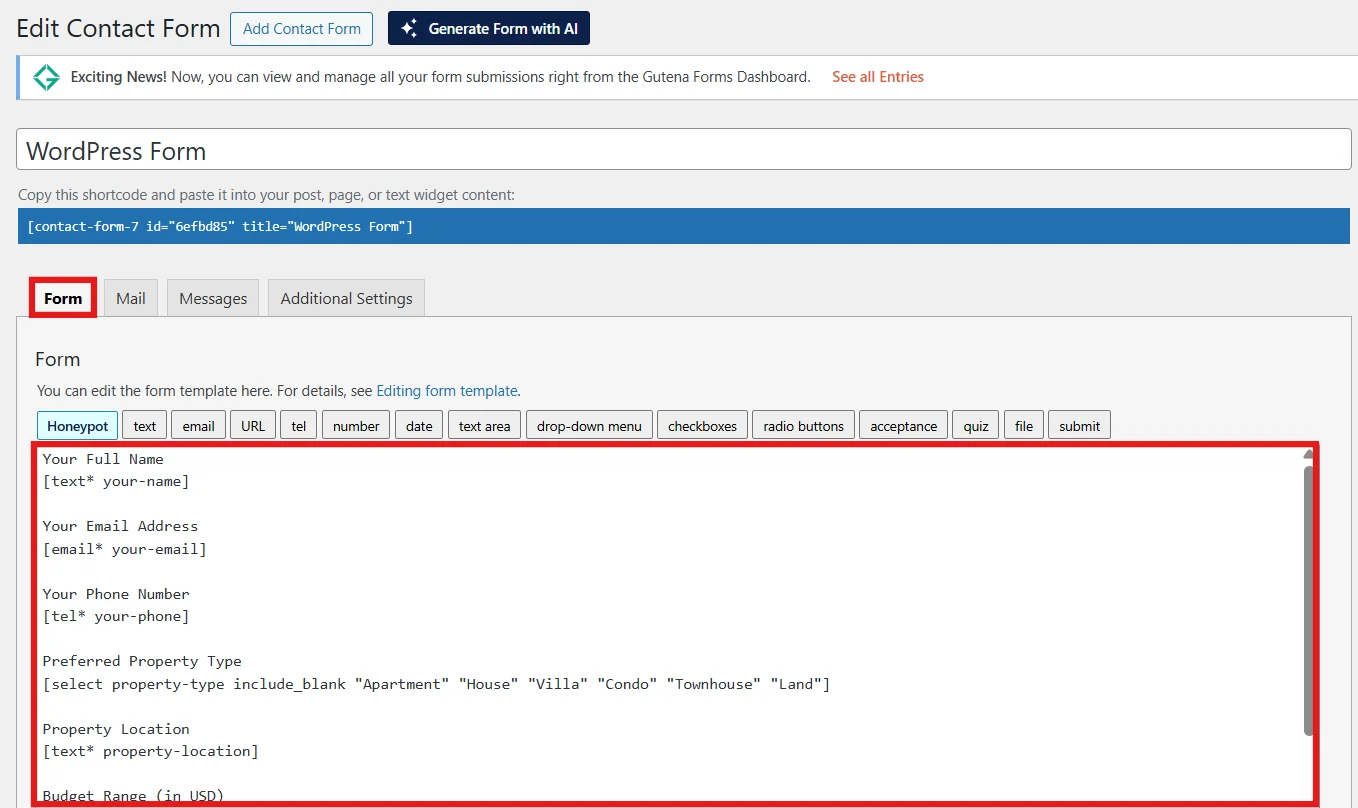 Add a new form field using the Contact Form 7 field buttons