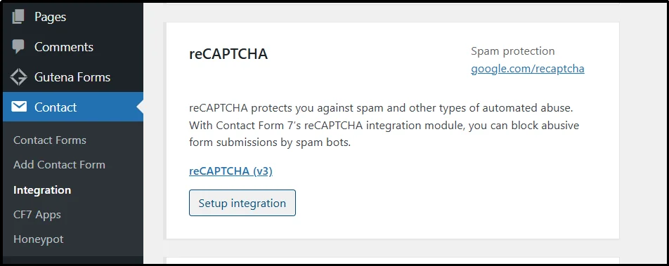 Click Setup Integration option in CF7 Apps plugin settings for hCaptcha configuration
