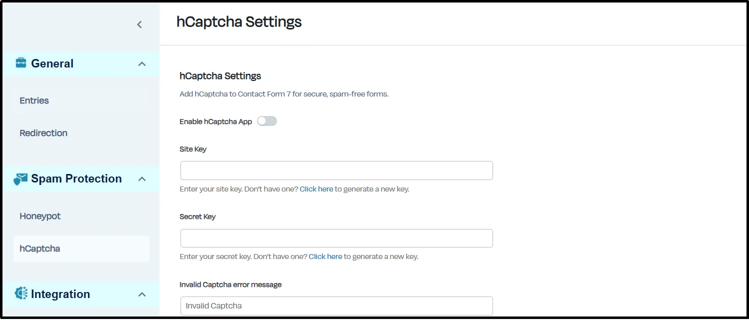 Select hCaptcha and enter your site key and secret key in CF7 Apps settings