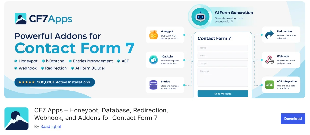 CF7 Apps plugin dashboard for Contact Form 7 with spam protection, database entries, and webhook apps