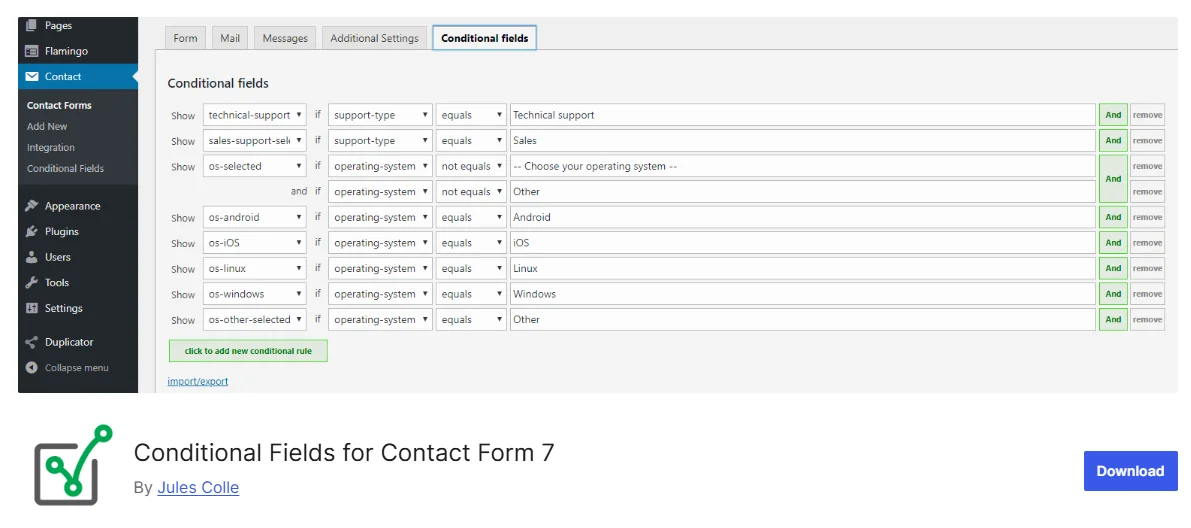 Conditional Fields for Contact Form 7 plugin adding dynamic form logic in WordPress