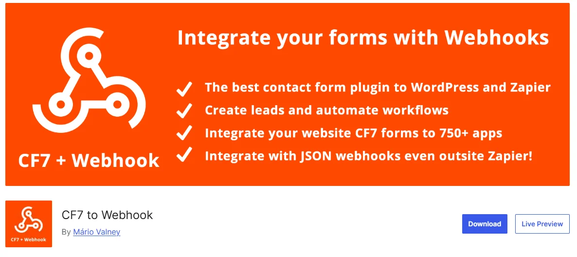 CF7 to Webhook addon connecting Contact Form 7 submissions to webhooks and automation tools