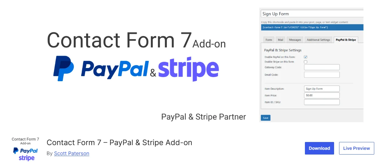 Contact Form 7 PayPal and Stripe addon for accepting online payments through WordPress forms