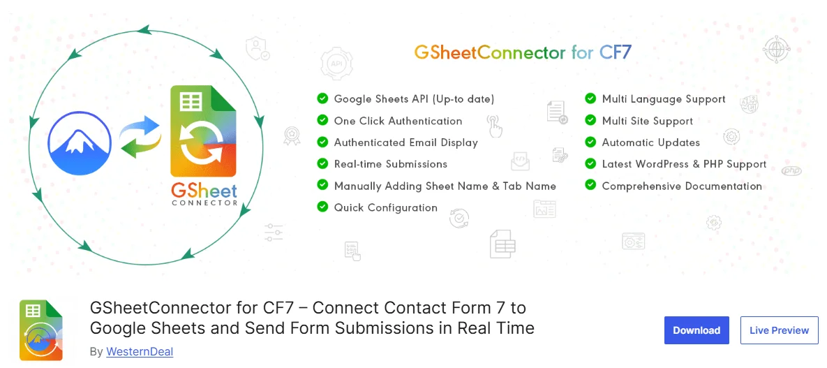 GSheetConnector for Contact Form 7 syncing form submissions to Google Sheets in real time