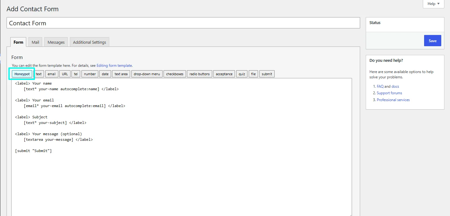 Honeypot button in the Contact Form 7 tag generator toolbar