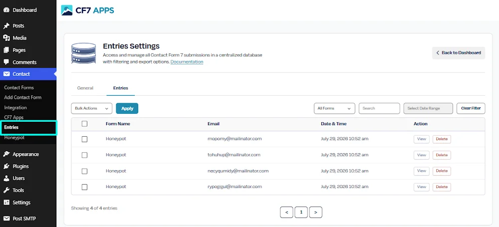 Navigate to Contact → CF7 Apps → Dashboard → Entries