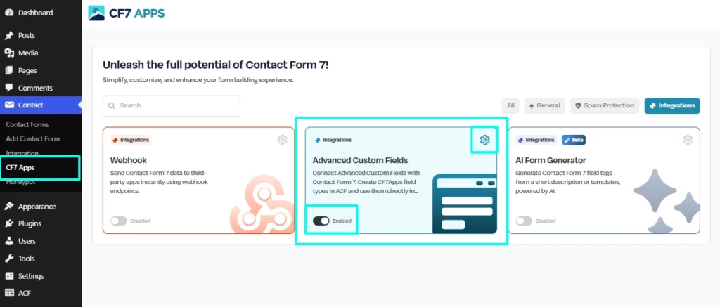 Contact Form 7 → Integration → Advanced Custom Fields and enable the toggle