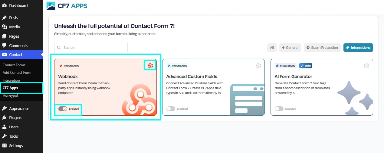 Locate the Webhook app under Integrations